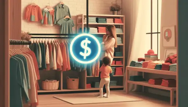 Kobieta z dzieckiem w sklepie z ubraniami, zastanawiają się jakie alimenty przy zarobkach 3500 netto można przeznaczyć na zakupy.