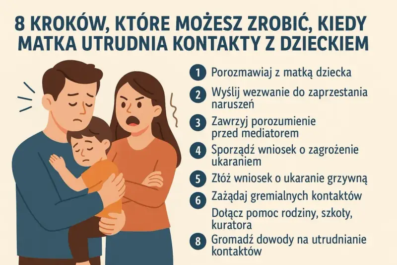 Smutny ojciec z dzieckiem na rękach, matka z gniewną miną. Ilustracja do poradnika "8 kroków, które możesz zrobić, kiedy matka utrudnia kontakty z dzieckiem".